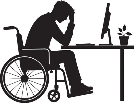 Stressed man in a wheelchair sitting at a desk working on a computer Vector