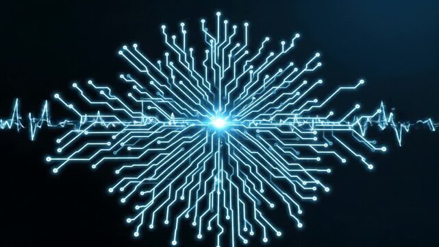 Abstract digital technology visualization with glowing blue circuit board patterns and pulsating light wave on dark background with copy space