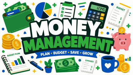 Naklejka premium Flat illustration of financial icons and money management text for personal budgeting and wealth planning.