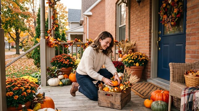 Woman decorating porch with pumpkins and mums for autumn harvest season