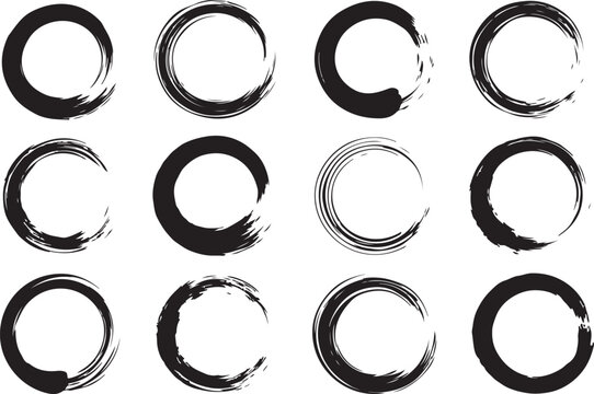 Set of black ink brush stroke circles and round frames for design Vector