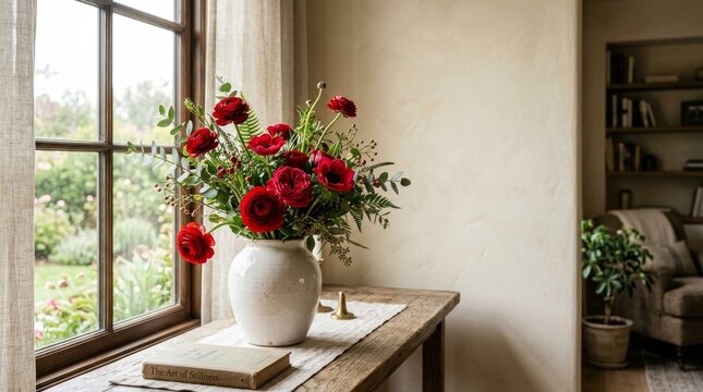 Red roses vase on wooden table.