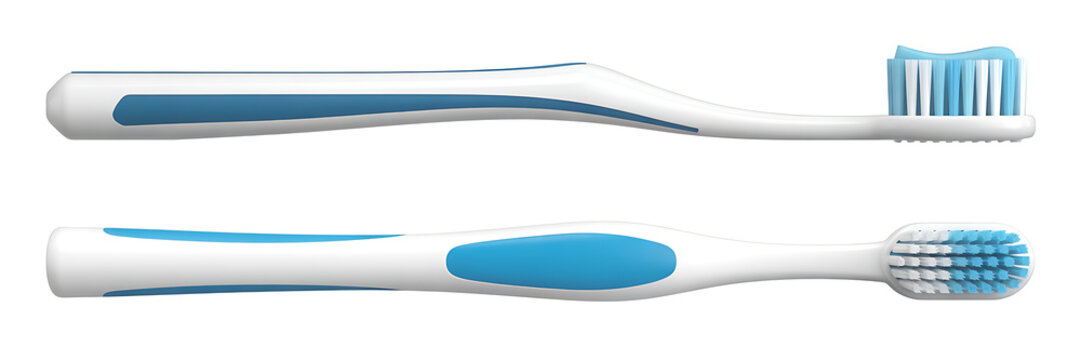 Two white and blue toothbrushes displayed side by side on a clean white background