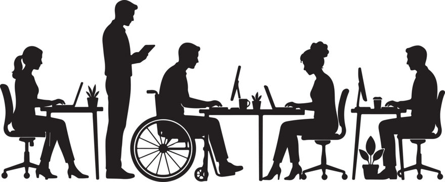 Silhouettes of diverse office team working together at desks with computers Vector
