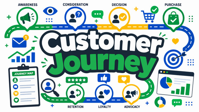 Colorful infographic illustrating the stages of a customer journey map from awareness to brand advocacy.