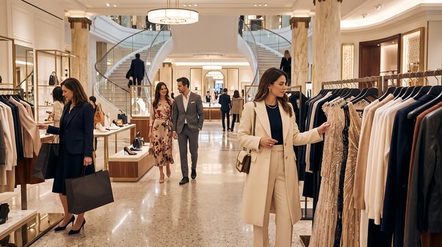 Elegant shoppers browse luxury clothing in a high end department store