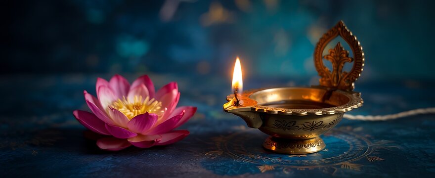 Diwali diya lamp with a blooming pink lotus flower on a dark blue background