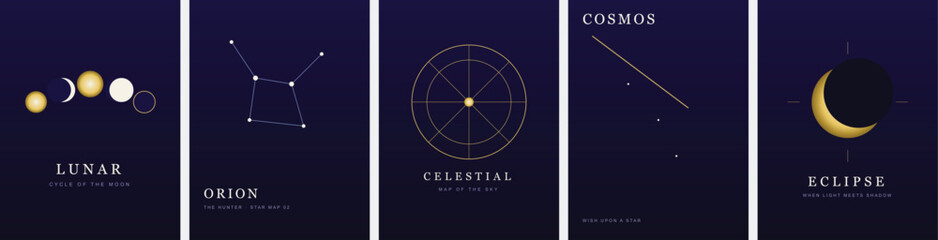 Celestial astronomy poster set with lunar phases, Orion constellation and solar eclipse. Gold mystical zodiac vector cards for tarot and astrology. © R studio