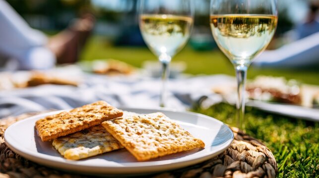 Close-up of crisp square crackers on white plate with blurred background featuring two glasses of white wine and outdoor setting during daytime picnic event