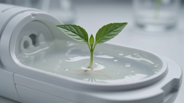 Tiny green shoot rises from clear water in a white device