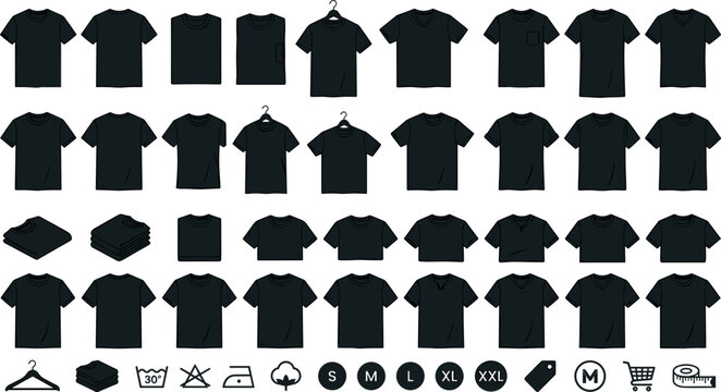 Black t-shirt vector mockup template collection with blank folded shirts clothing tags hangers and laundry care icon symbols for e-commerce apparel design.