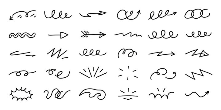 Set of hand drawn doodle arrows icons and shapes for design elements
