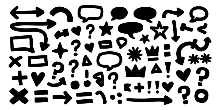 Set of hand drawn doodle shapes arrows hearts and symbols icons