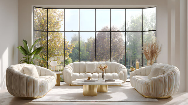 Elegant white pleated sofa set featuring gold metal bases arranged neatly in a bright modern living room with large windows