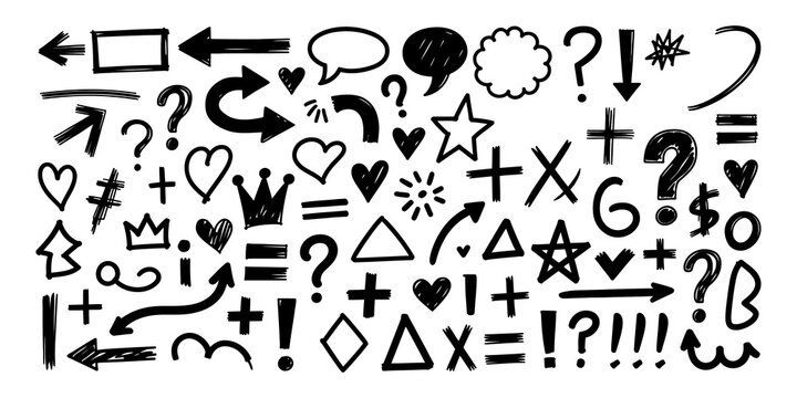 Set of hand drawn doodle shapes arrows hearts and symbols icons