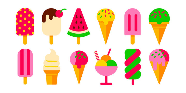 Set of colorful pixel art ice cream icon cones and popsicles