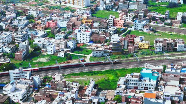 4K Aerial Top down Buildings and Apartment with Multiple Building aerial. Urban Buildings and Apartment at bridge road at Delhi. Cinematic cityscape drone shot. Noida Buildings.