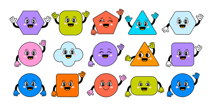 Set of cute pixel art geometric shapes with happy faces and characters