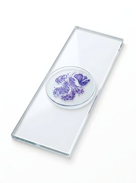 Clear plastic box with purple floral design lid.