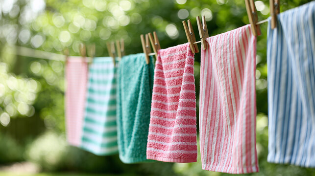 Colorful towels hanging on a clothesline with wooden pegs in a sunny green garden.