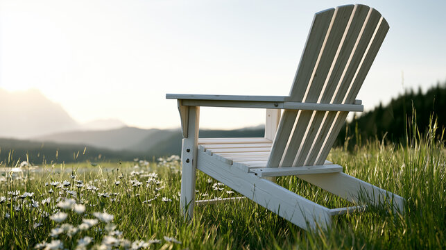White wooden chair sitting on a grassy hill filled with wild daisies overlooking mountains at sunset.