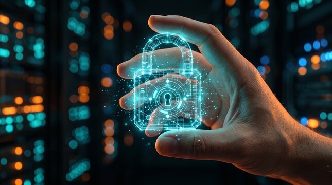 Complex biometric fingerprint scanner padlock mockup with circuit board grid and network connection for access control website hero banner