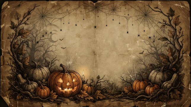 Halloween pumpkin border vintage spooky illustration for fall designs party invitations
