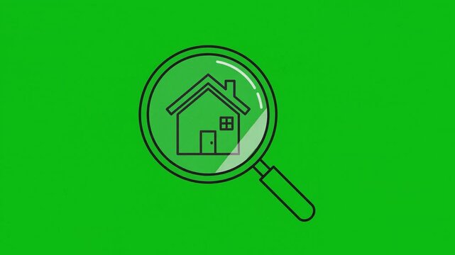 Green screen shows magnifying glass inspecting a house icon