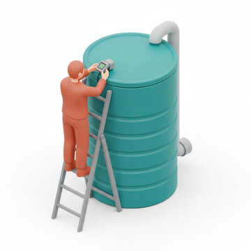 Maintenance worker inspecting a large storage tank on a ladder