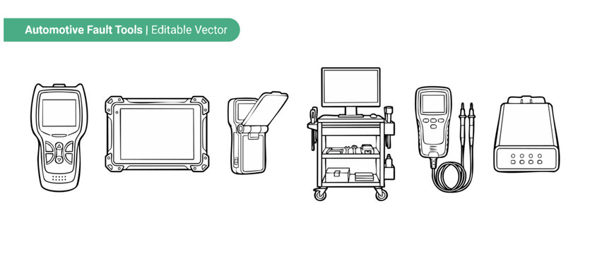 Automotive diagnostic scanner vector icons for vehicle fault repair, OBD2 code reader, digital multimeter, mechanic garage tools, and car service workstation line art illustrations isolated on white.