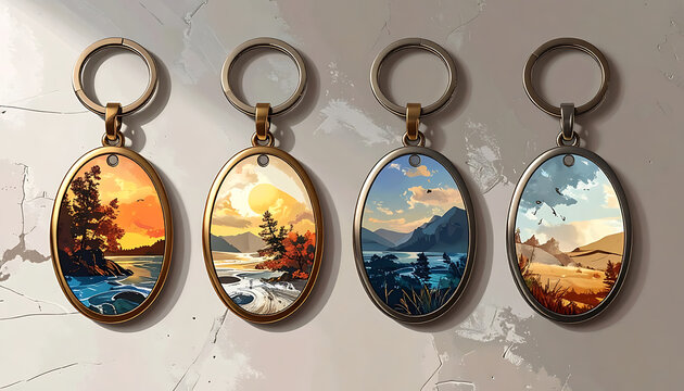 Four oval keychains displaying pixel art landscapes at different times of day and seasons, brass finish