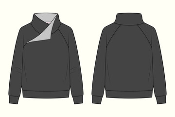 Women's Asymmetric Fold-Over Funnel Neck Raglan Sweatshirt Technical Flat Sketch CAD © MdAmirul