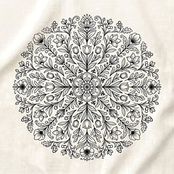 Intricate floral mandala design on a light beige textured background detailed line art