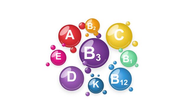 Multivitamin Complex Concept. An animated medical graphic showing various essential vitamins assembling together. Perfect for health, nutrition, wellness, and pharmaceutical science projects.