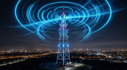 Obraz premium Telecommunication tower emitting circular wireless signal waves in blue light over night city