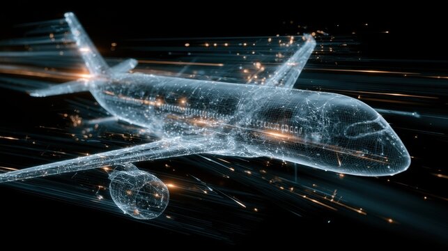 Digital holographic airplane model flying with glowing data streams and futuristic technology concept in dark background with light effects and particles