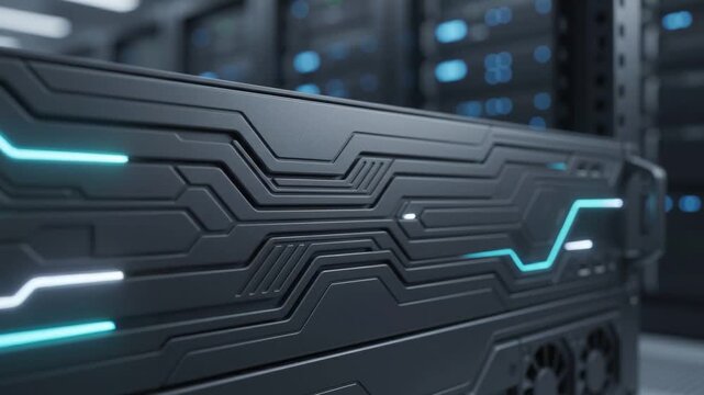 Futuristic server rack glows with cool blue lights