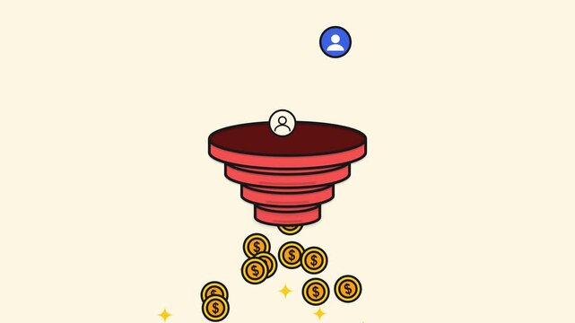 Sales Funnel Conversion Concept. An animated funnel processing user leads into gold coins, symbolizing business profit, digital marketing strategy, and revenue growth.