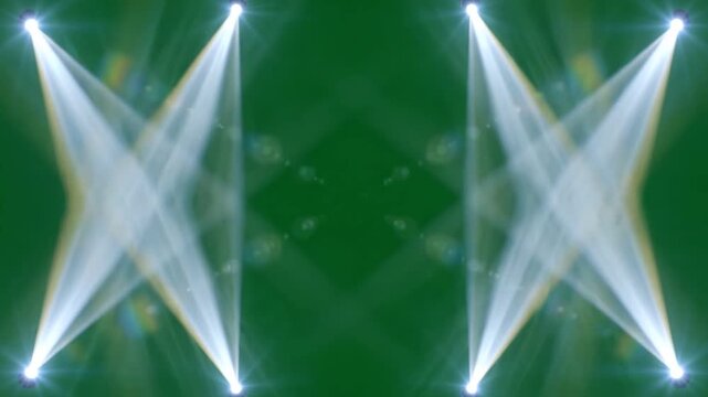 White beams slice through deep green stage space