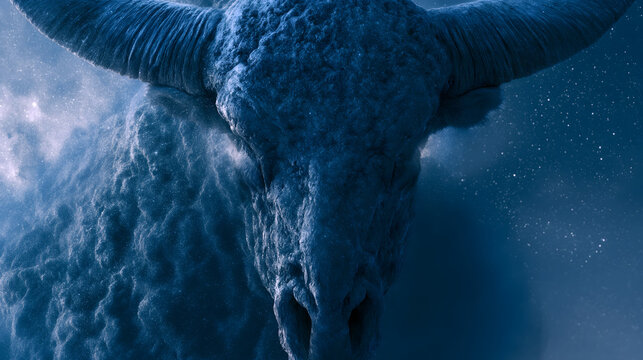 Sumerian Sky God An Abstract Spiral Starry Galaxy, Central Bull Skull Star Ring Galaxy Eye Socket, Commercial Visual Asset For Astronomy Museum Myth Game
