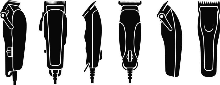Electric Hair Clipper and Trimmer Black Silhouette Icon Set from Front and Side Views for Barbershops Salons and Male Grooming Product Packaging Designs