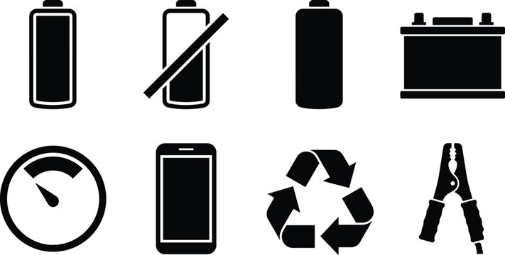 Battery charge and power level icon set featuring smartphone accumulator recycle gauge and jumper cables