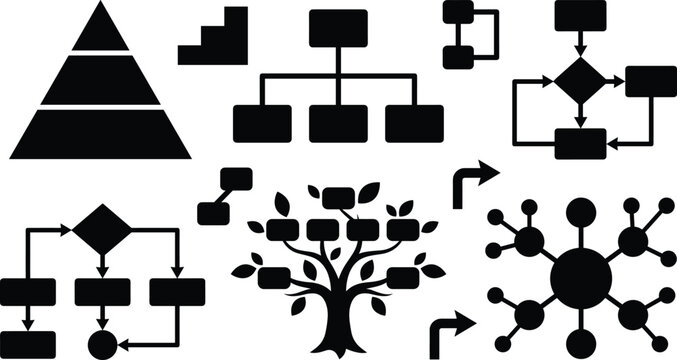 Business infographics and organizational structure flowchart icon set featuring pyramid hierarchy tree diagram and network charts