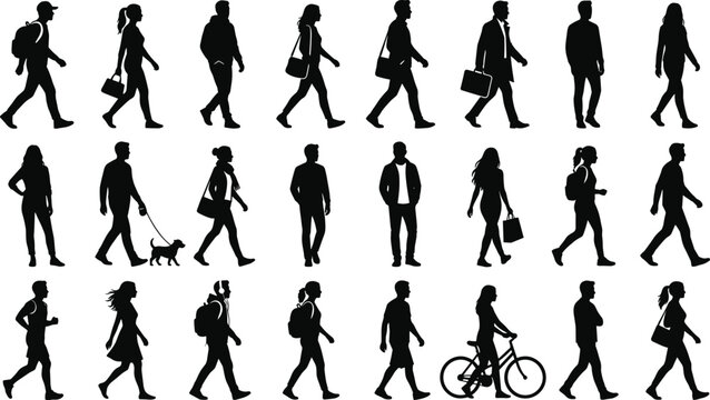 Collection of diverse people silhouettes in walking, casual, and active poses