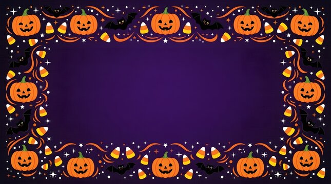 Halloween pumpkin border festive purple background with jack o' lanterns candy corn
