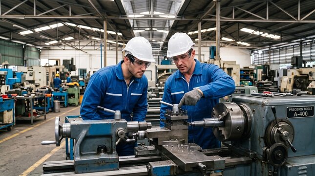 Commercial industrial photography of two professional engineers wearing white hard hats and blue overalls operating a metal lathe machine in a manufacturing factory &ndash; industrial manufacturing, precisi