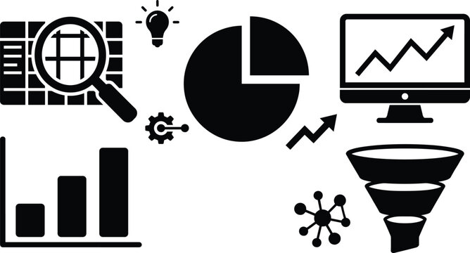 Business statistics and data analytics dashboard icon set featuring charts pie graph funnel grid and monitor