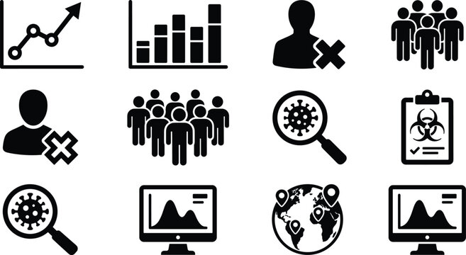 Business statistics and pandemic data analytics icon set featuring charts virus research globe and crowd