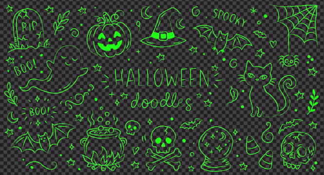 Set of hand drawn halloween doodles, cute spooky elements collection