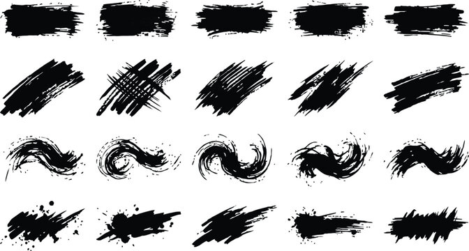 Diverse collection of black brush strokes and textures for graphic design projects